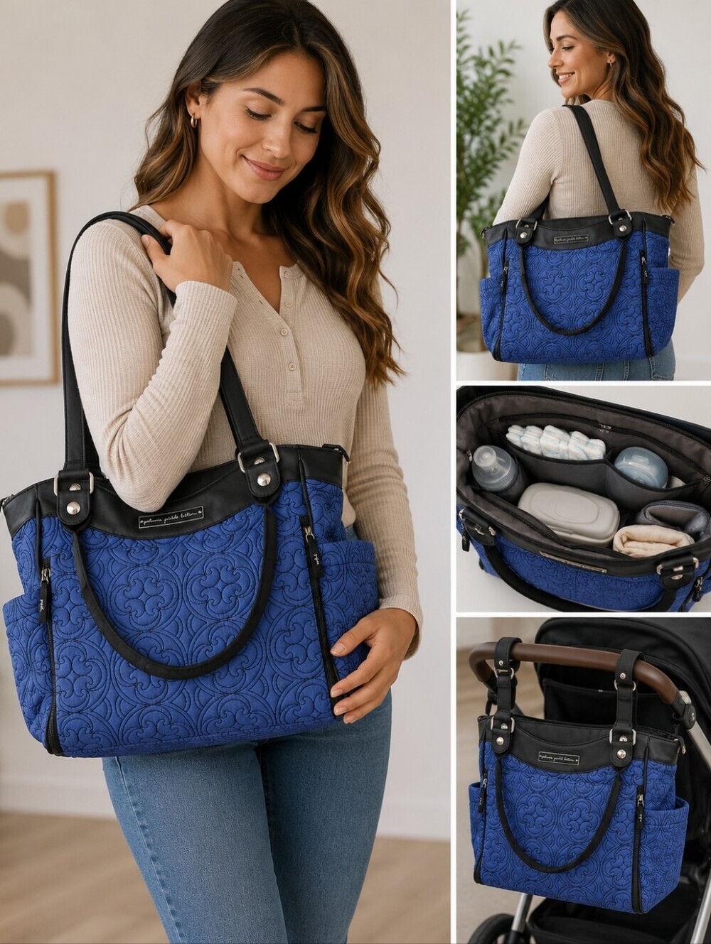 Petunia Pickle Bottom Royal Blue Quilted Tote with Black Trim